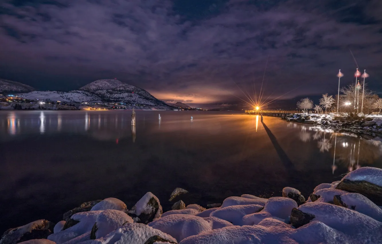 Photo wallpaper winter, snow, night, lights, Canada, British Columbia, Okanagan lake, Penticton