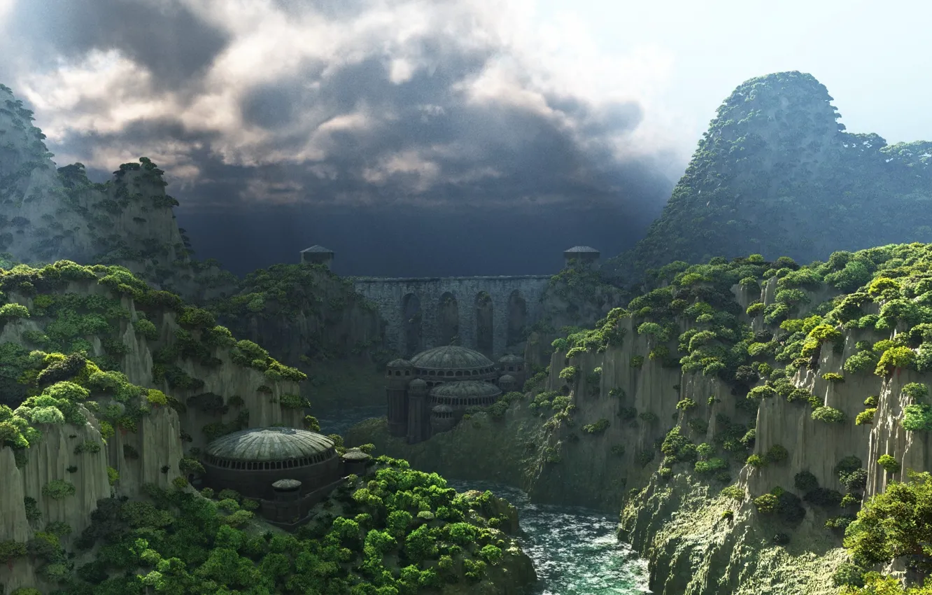 Photo wallpaper house, river, sky, mountains, clouds, byzantine canyon