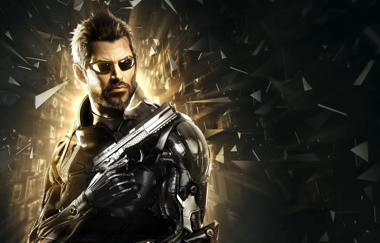 Photo wallpaper fragments, weapons, glasses, beard, cyborg, cyberpunk, equipment, deus ex