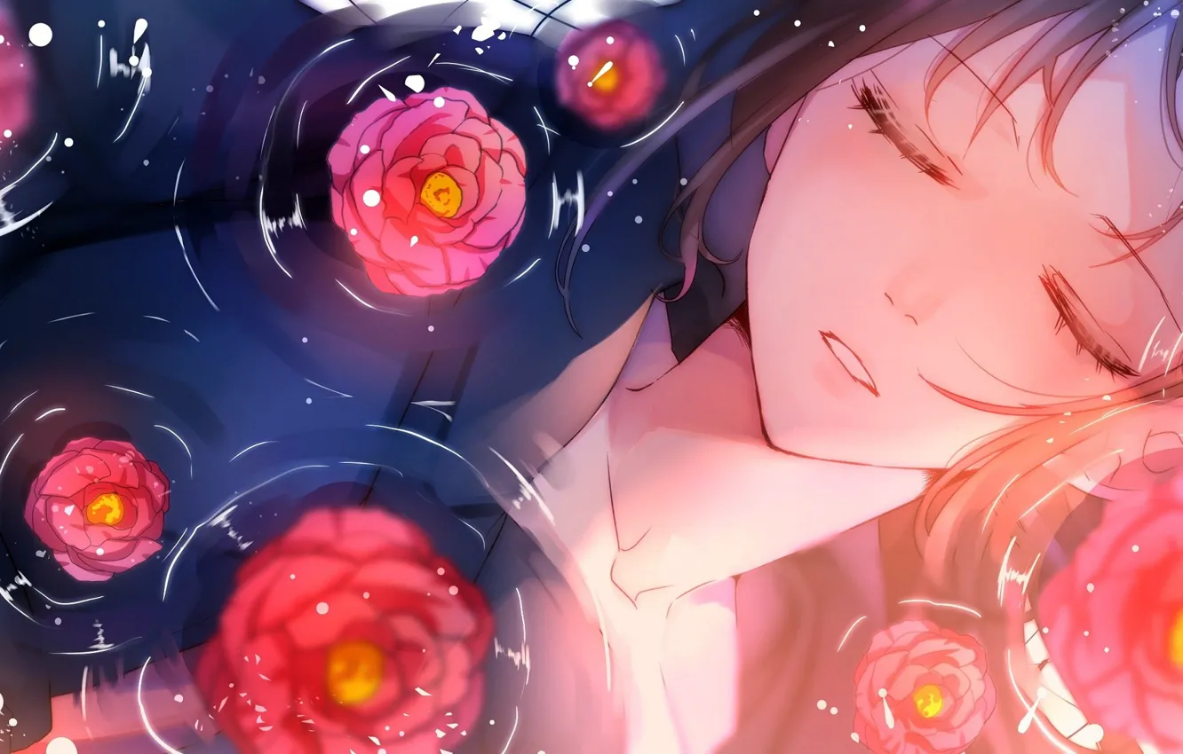 Photo wallpaper water, red, face, girl, closed eyes, Camellia