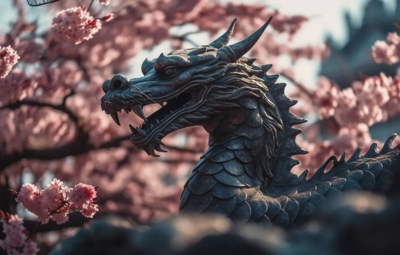 Photo wallpaper face, flowers, branches, dragon, Asia, spring, Sakura, figure