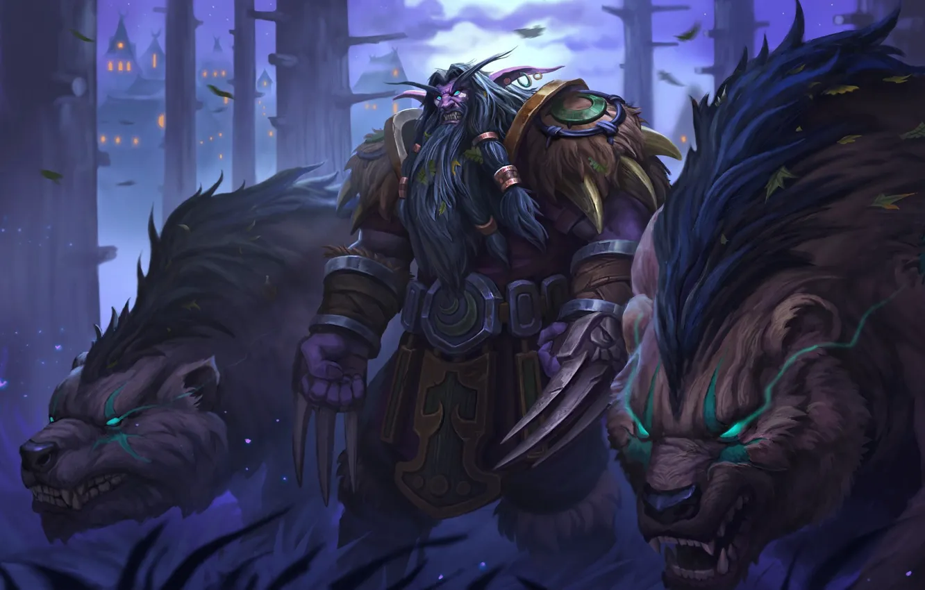 Photo wallpaper night, fiction, elf, bear, art, Blizzard, warcraft, wow