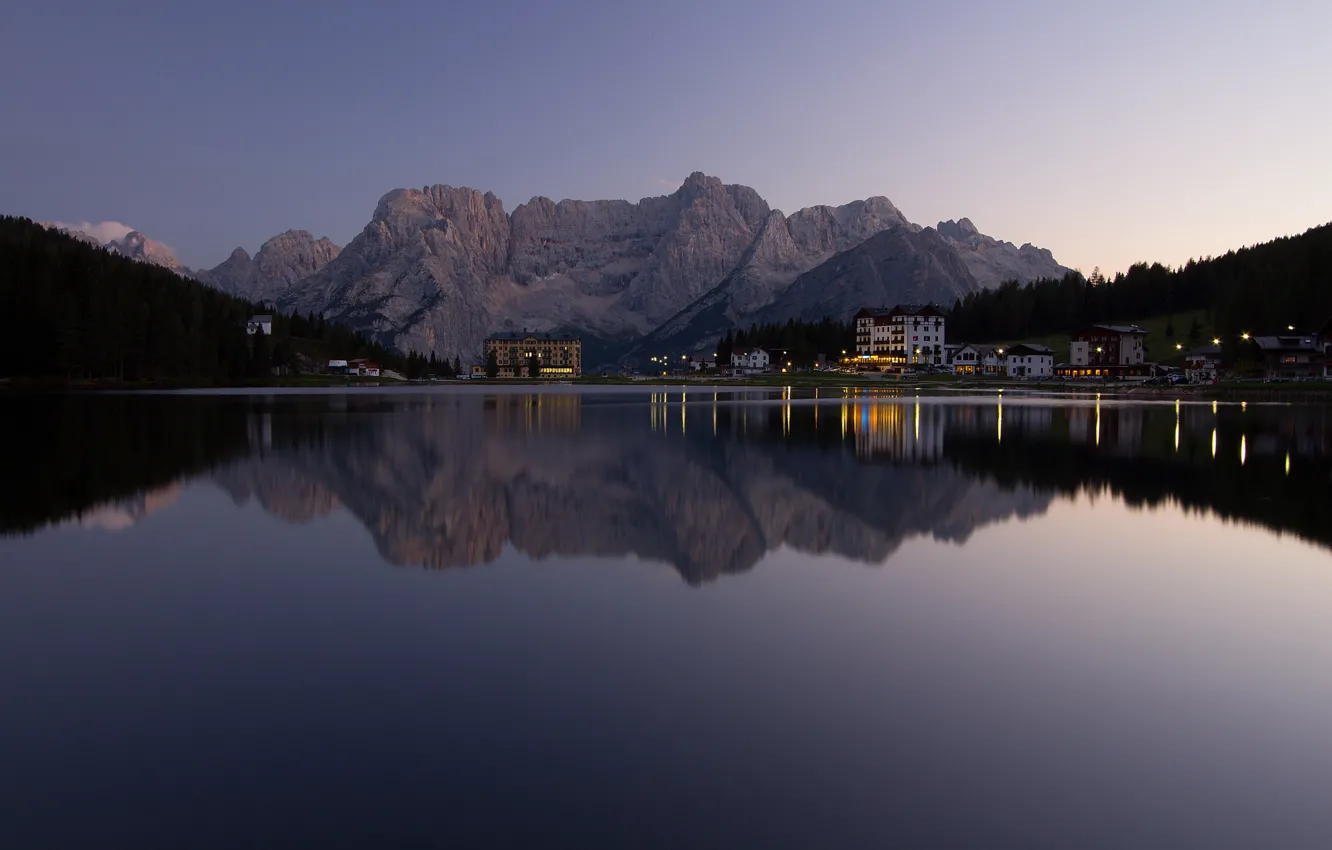 Photo wallpaper the sky, mountains, lights, lake, the evening, resort, Alps