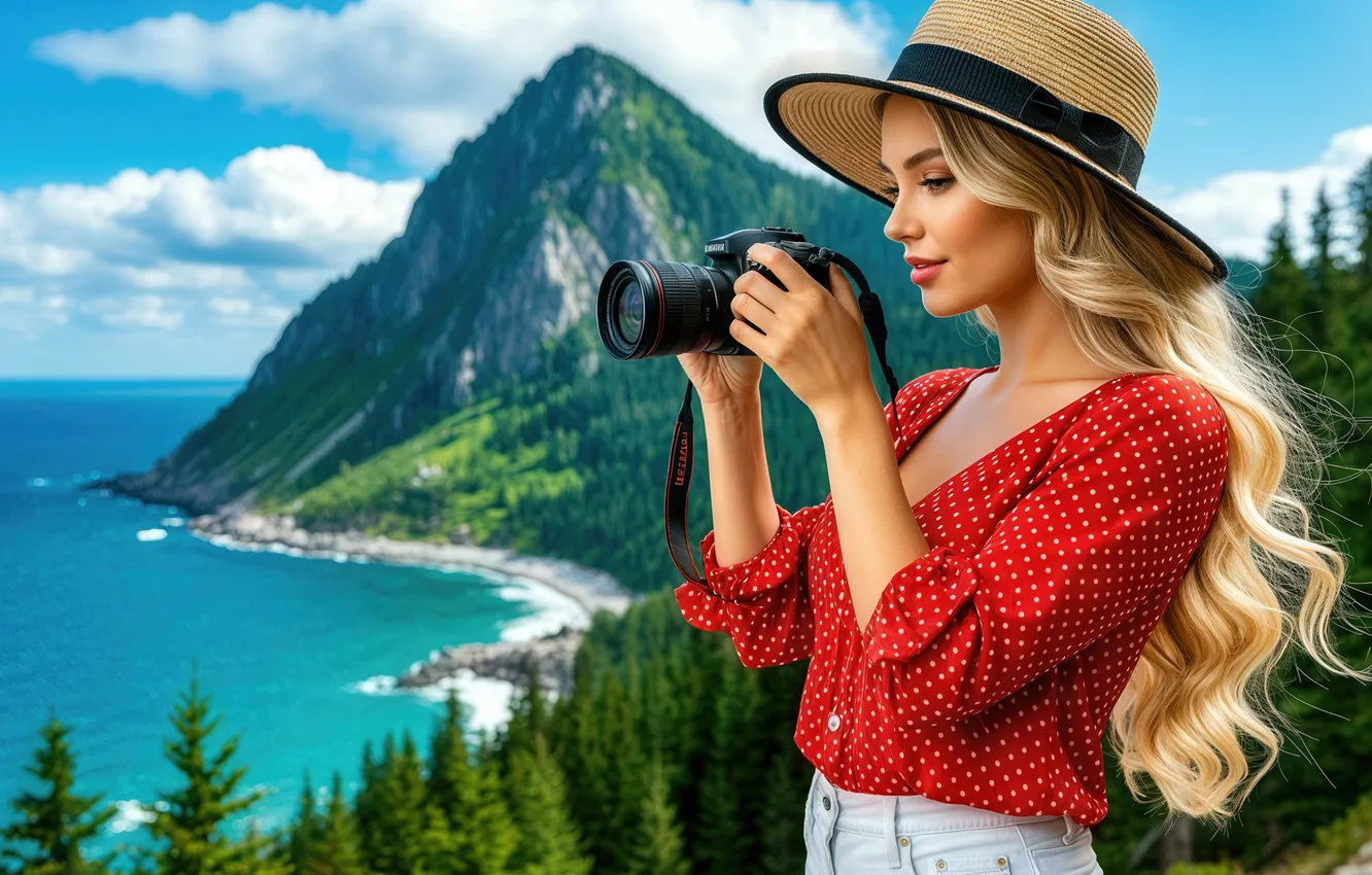 Photo wallpaper sea, forest, the sky, look, girl, clouds, mountains, pose