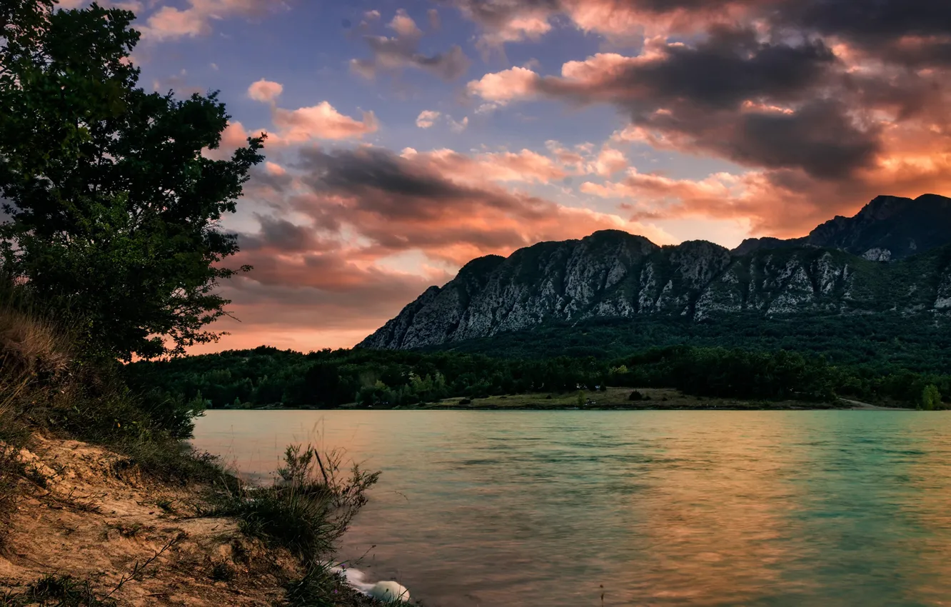 Photo wallpaper forest, the sky, clouds, trees, sunset, mountains, lake, rocks