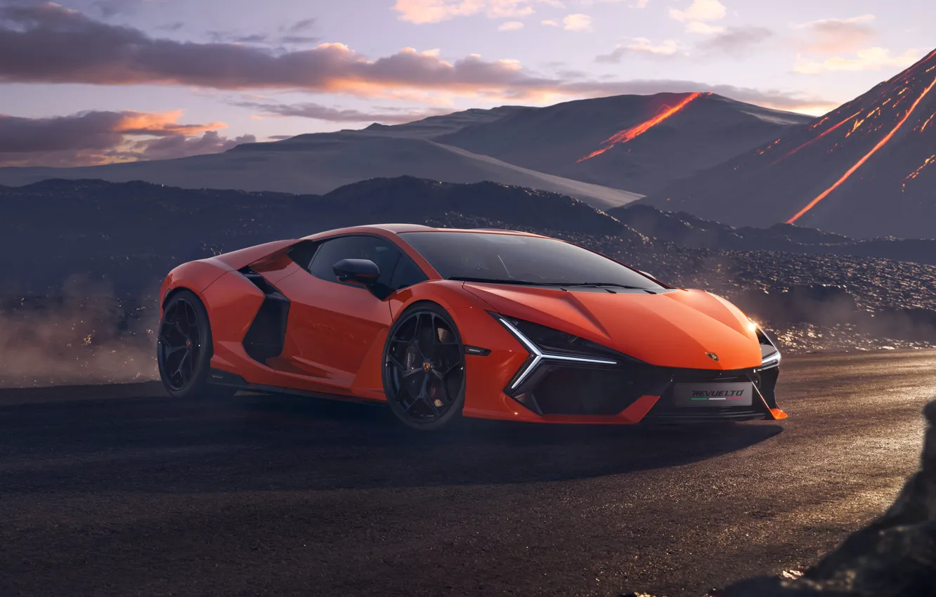 Photo wallpaper Lamborghini, road, mountain, orange, Supercar, Stir