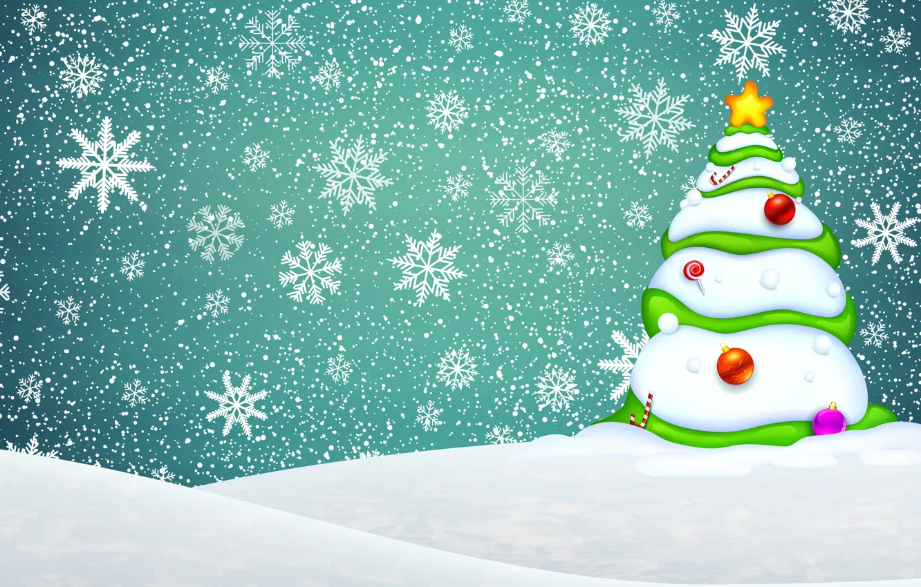 Photo wallpaper Minimalism, Snow, Christmas, Snowflakes, Background, New year, Tree, Holiday