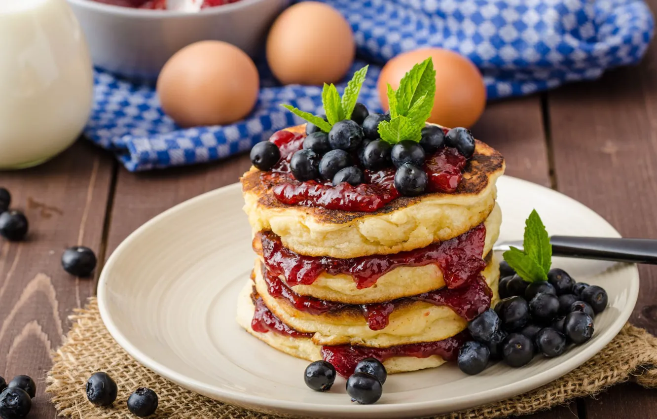 Photo wallpaper eggs, blueberries, pancake