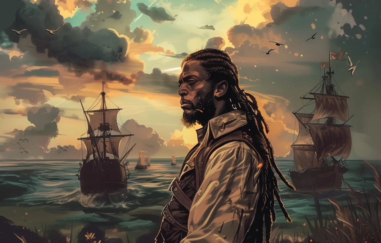 Photo wallpaper sea, clouds, ship, pirate, male, Negro, digital art, AI art