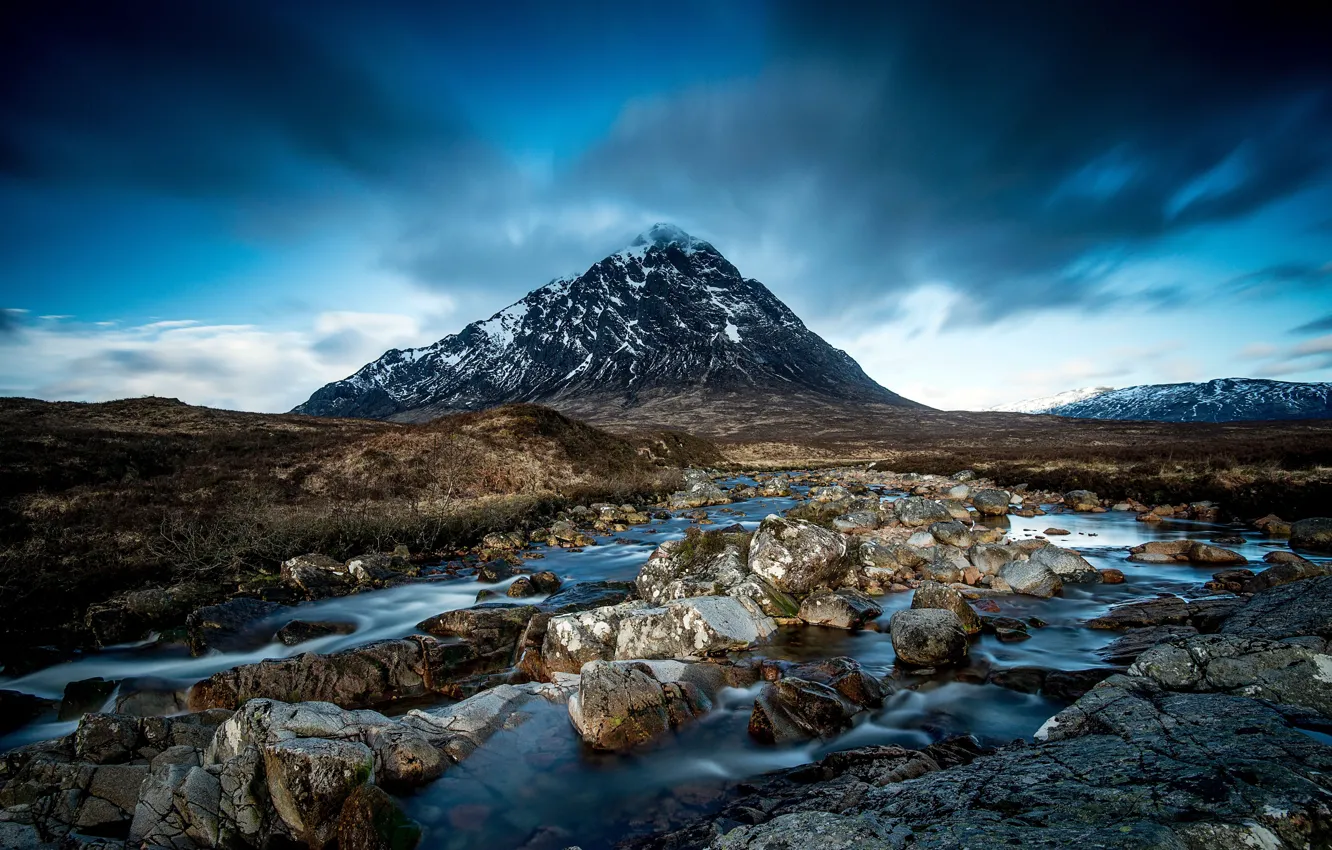 Photo wallpaper the sky, snow, mountains, stones, Scotland, river, sky, mountain river