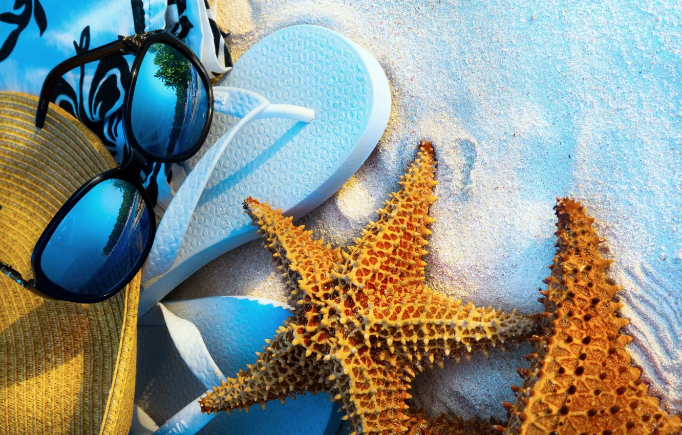 Photo wallpaper summer, beach, sea, sand, glasses, vacation, starfish, step-ins