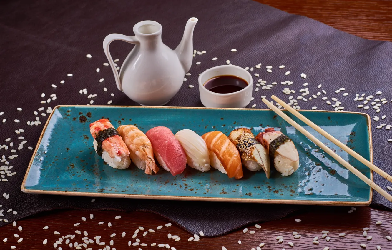 Photo wallpaper fish, sauce, sushi, sesame