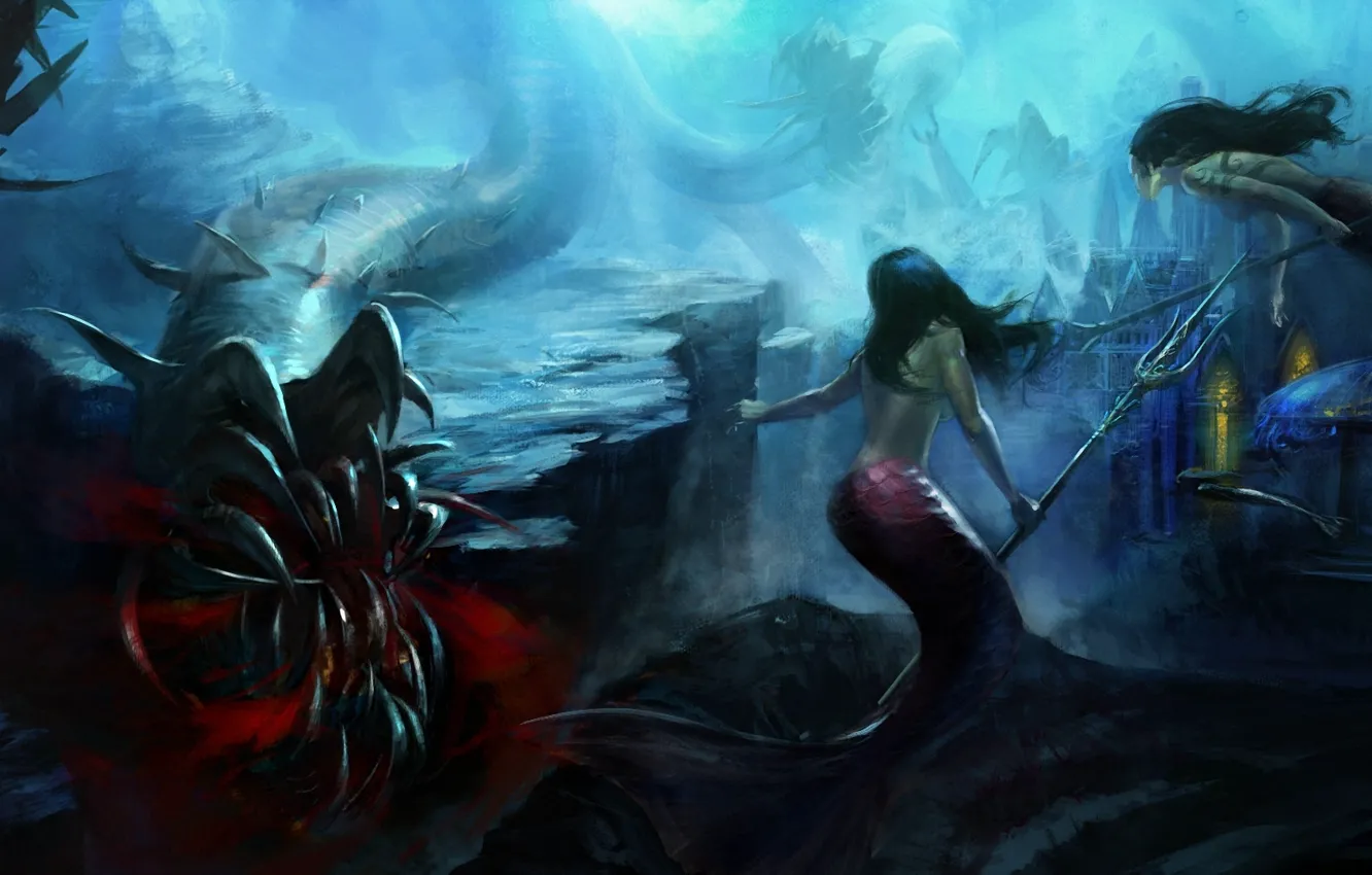 Photo wallpaper the city, weapons, rocks, art, mouth, monsters, Trident, underwater world
