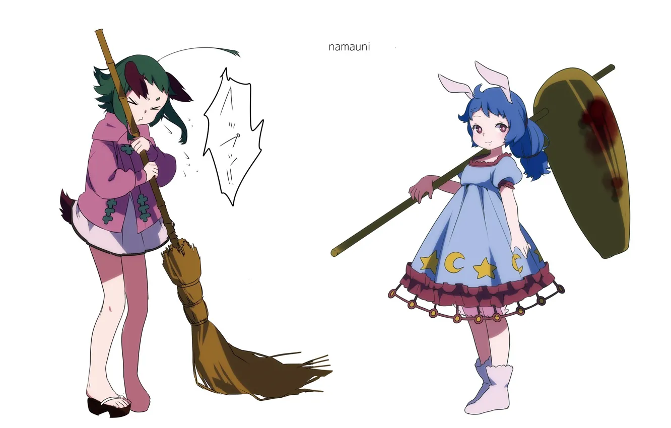 Photo wallpaper tail, white background, broom, ears, touhou, blue hair, art, Touhou Project