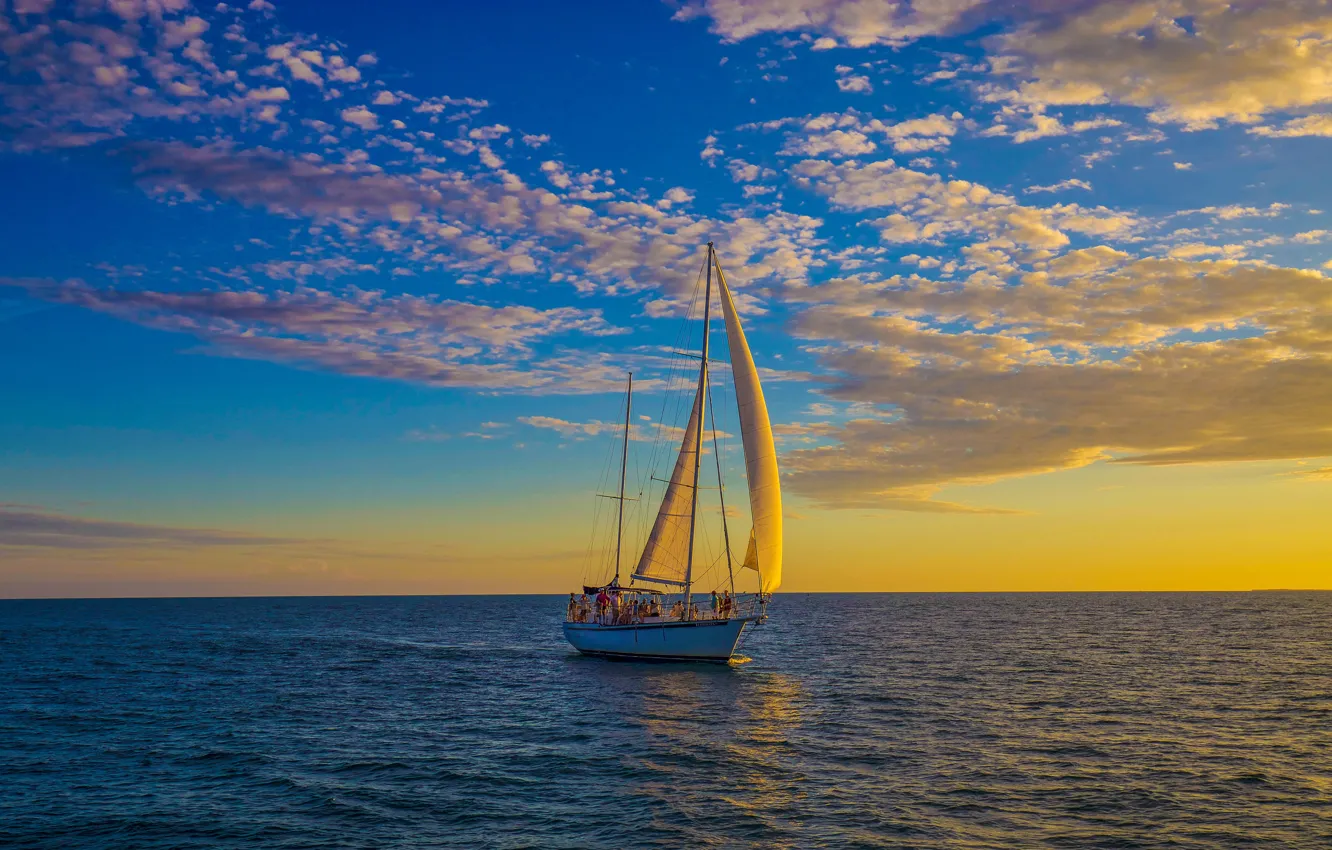 Photo wallpaper the sky, clouds, sunset, the ocean, yacht, The Atlantic ocean