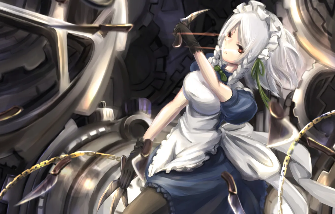 Photo wallpaper look, girl, weapons, mechanism, knives, chain, gesture, touhou