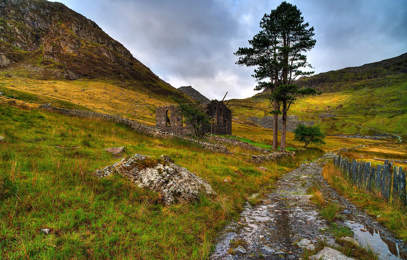 Photo wallpaper road, the sky, trees, mountains, stones, rocks, the ruins, ruins