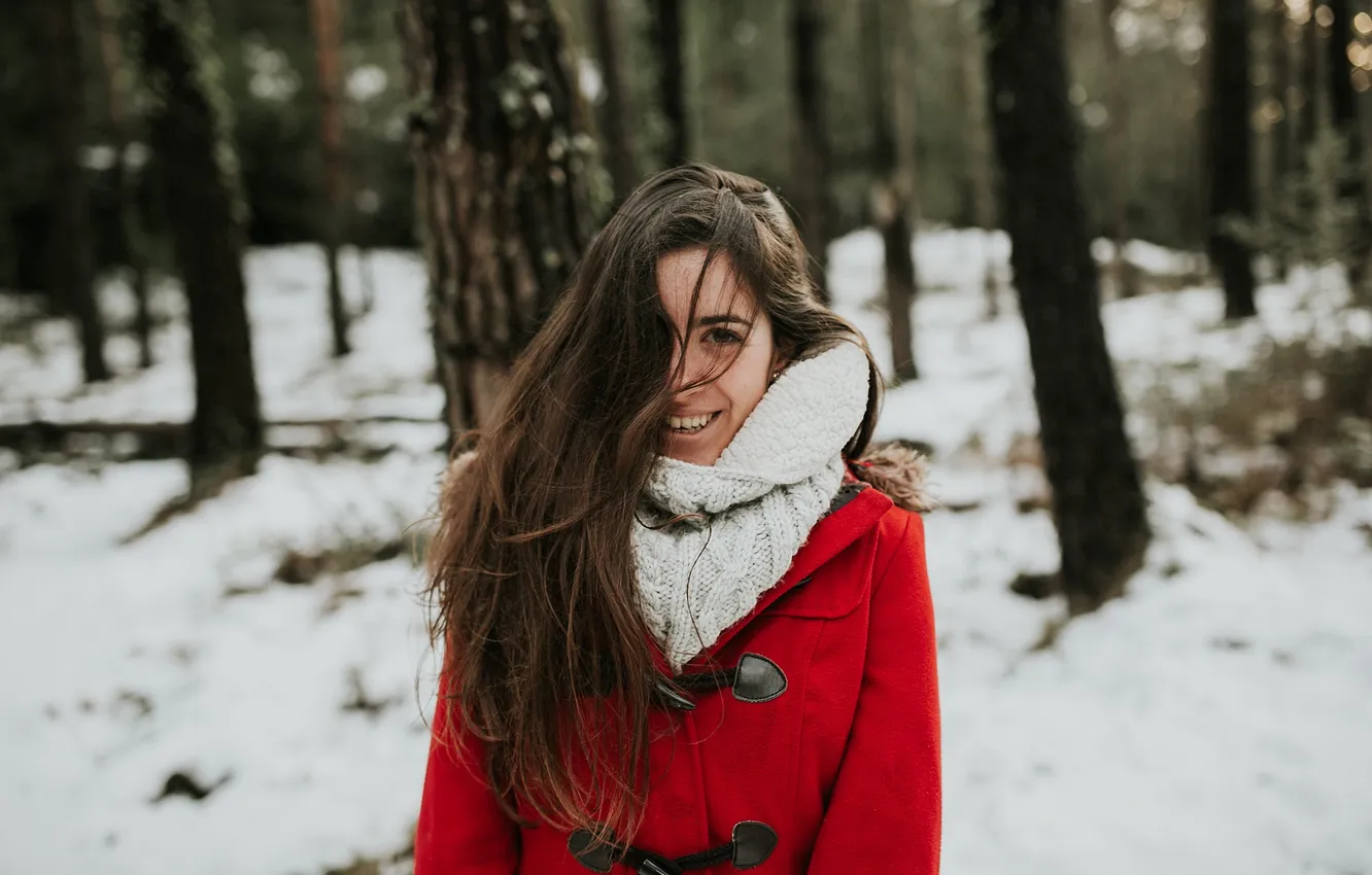 Photo wallpaper girl, smile, coat, Miriam