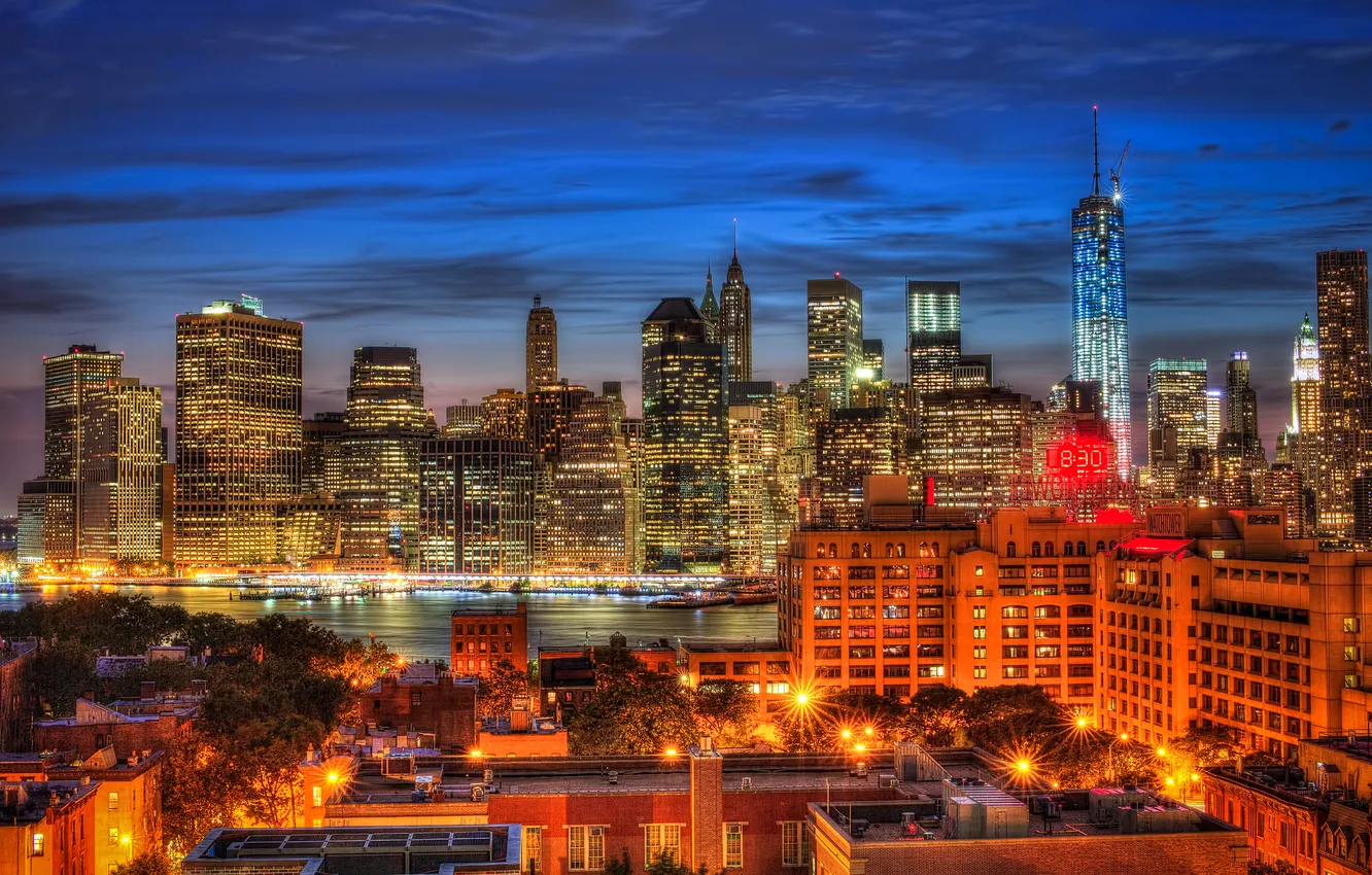 Photo wallpaper night, lights, New York, panorama, twilight, Manhattan, The Empire state building, One World Trade Center