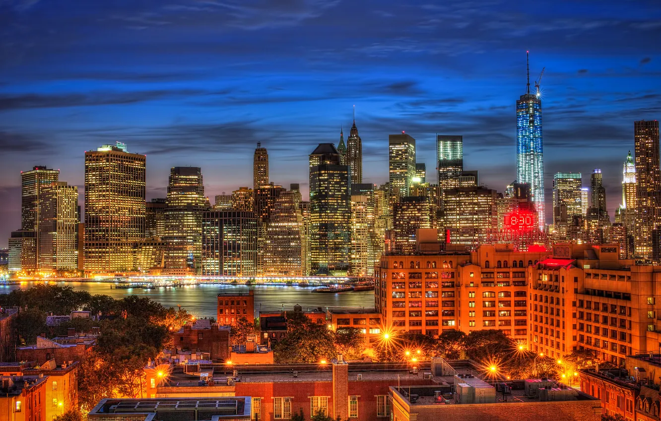 Photo wallpaper night, lights, New York, Manhattan, panorama, twilight, The Empire state building, One World Trade Center