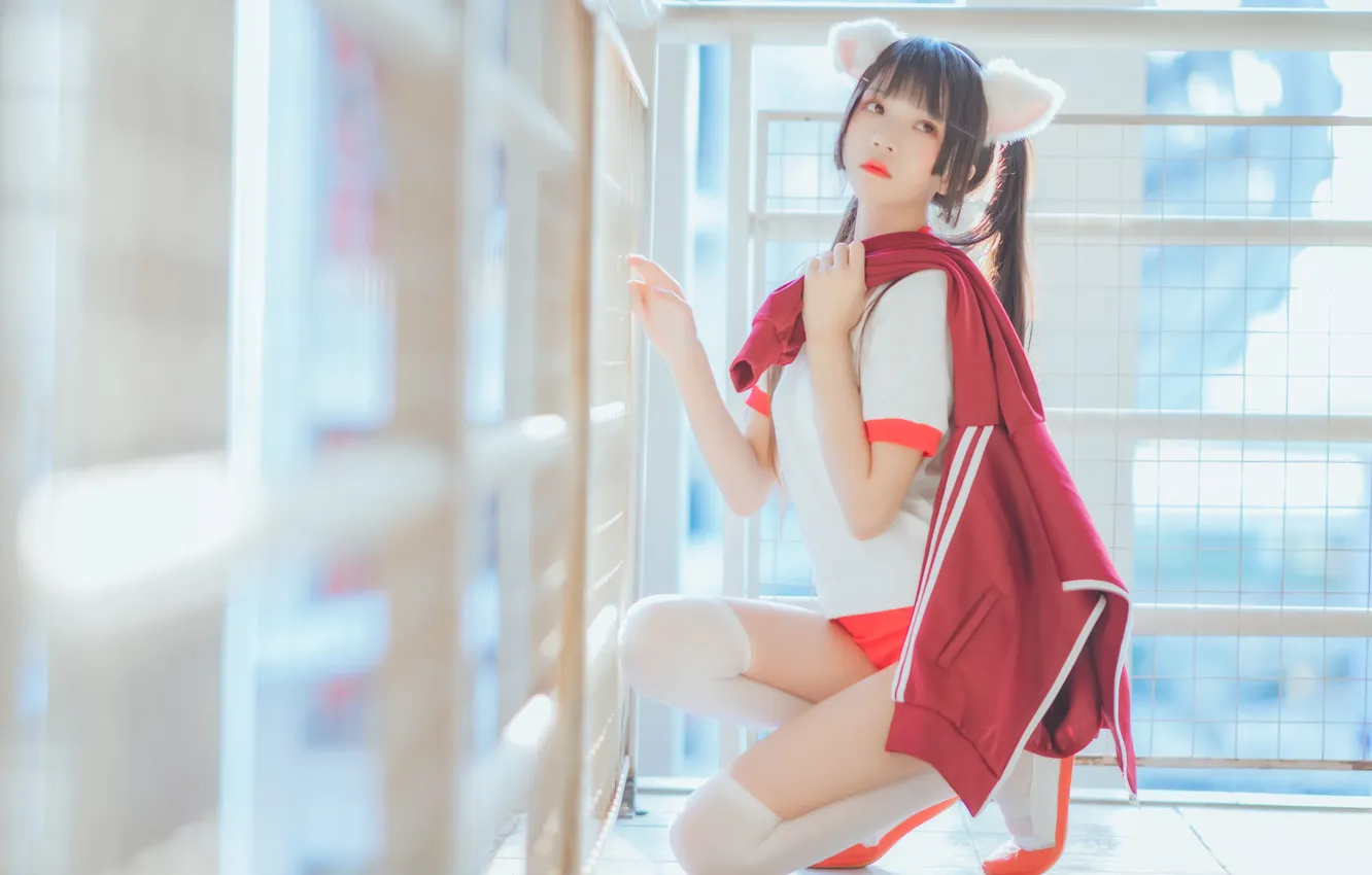 Photo wallpaper pose, model, Asian, beauty, cloak, ears, model, beauty