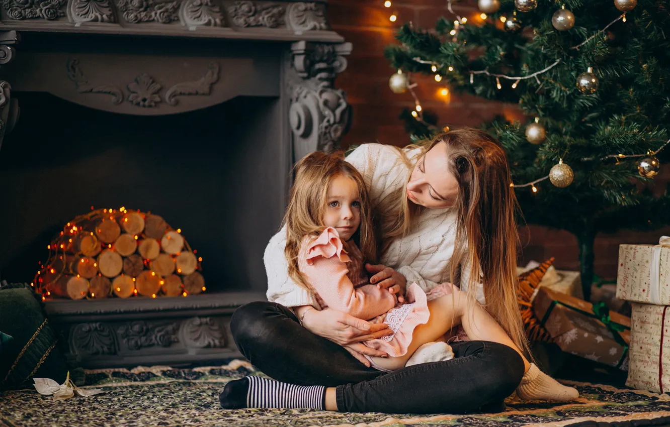 Photo wallpaper girl, room, toys, tree, child, girl, New year, fireplace