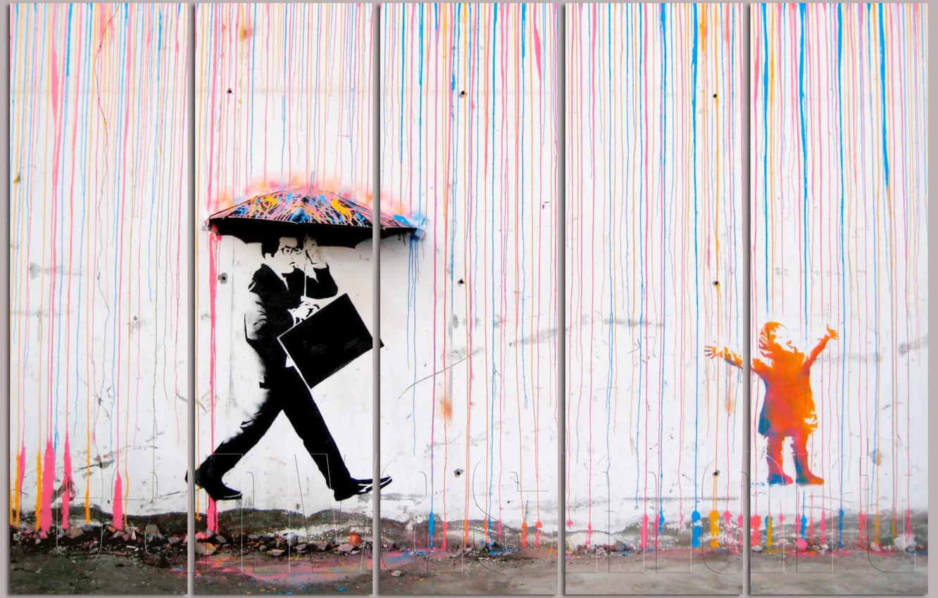Photo wallpaper city, the city, people, umbrella, umbrella, people, street art, street art