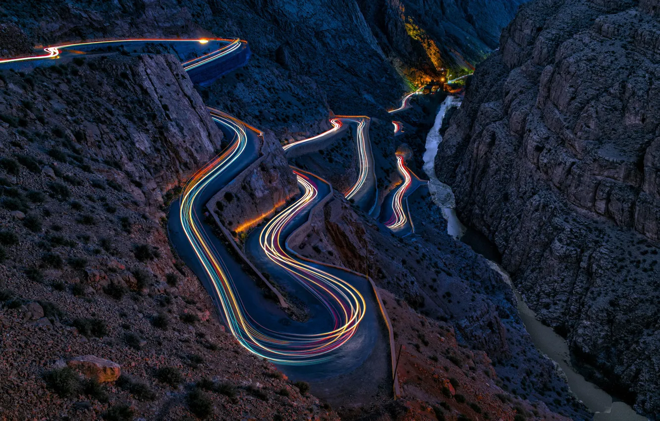 Photo wallpaper road, light, mountains, rocks, excerpt, canyon
