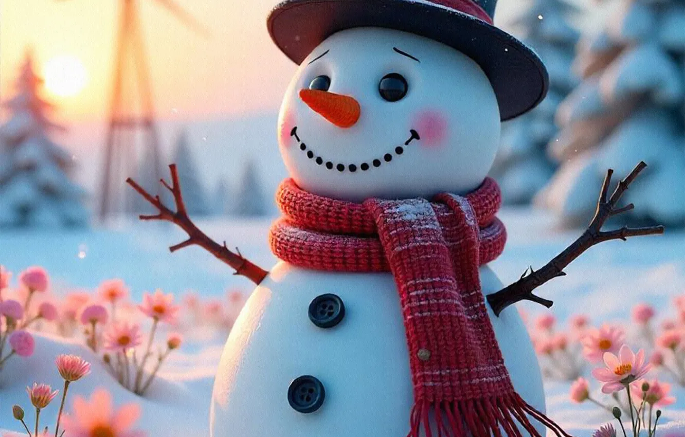 Photo wallpaper winter, the sun, snow, flowers, branches, glade, new year, hat