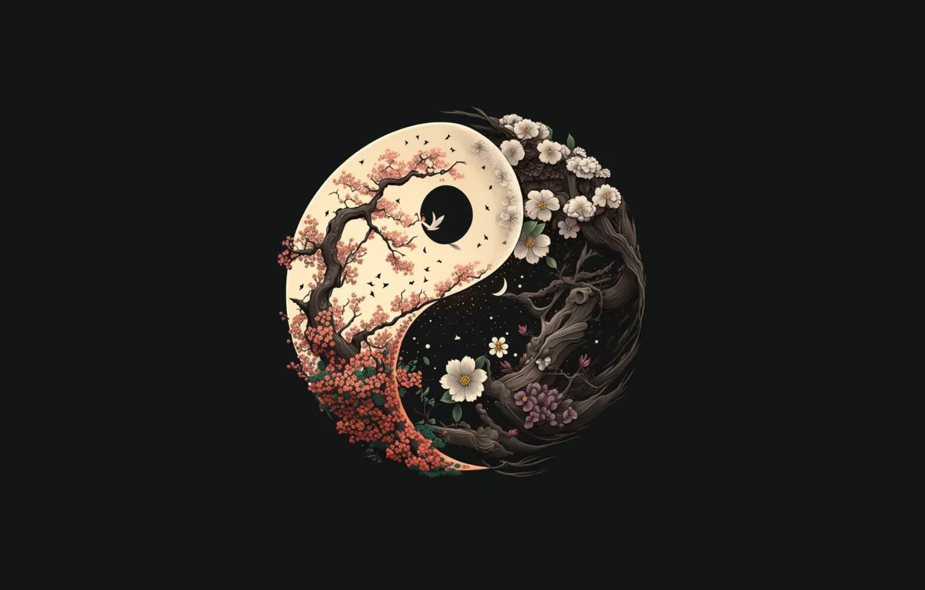 Photo wallpaper moon, logo, trees, nature, flowers, cherry blossom, black background, Minimalism