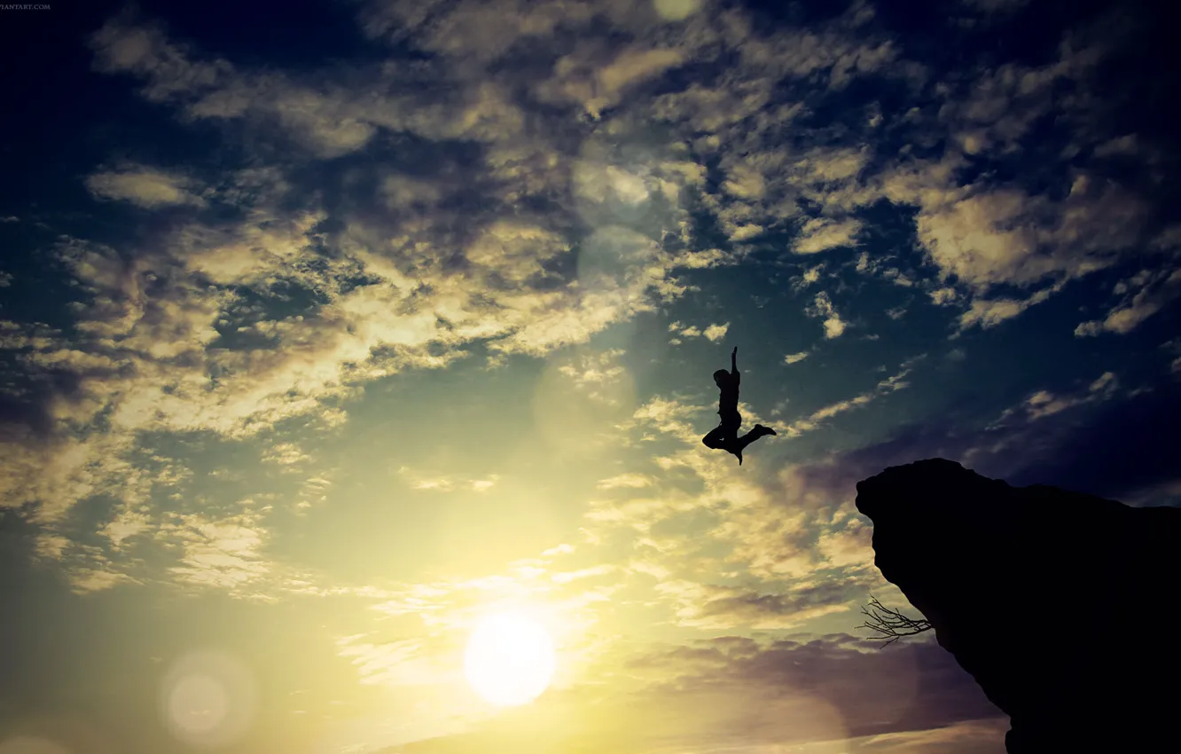 Photo wallpaper the sky, clouds, rocks, jump, people