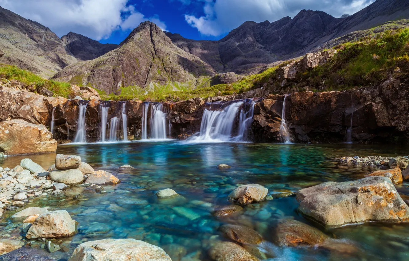 Photo wallpaper the sky, mountains, lake, stones, threads