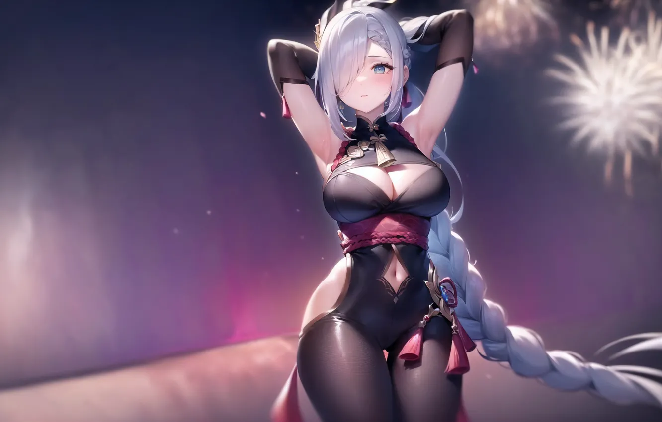 Photo wallpaper cleavage, solo, braids, white hair, Big boobs, armpits, hair over one eye, Shenhe