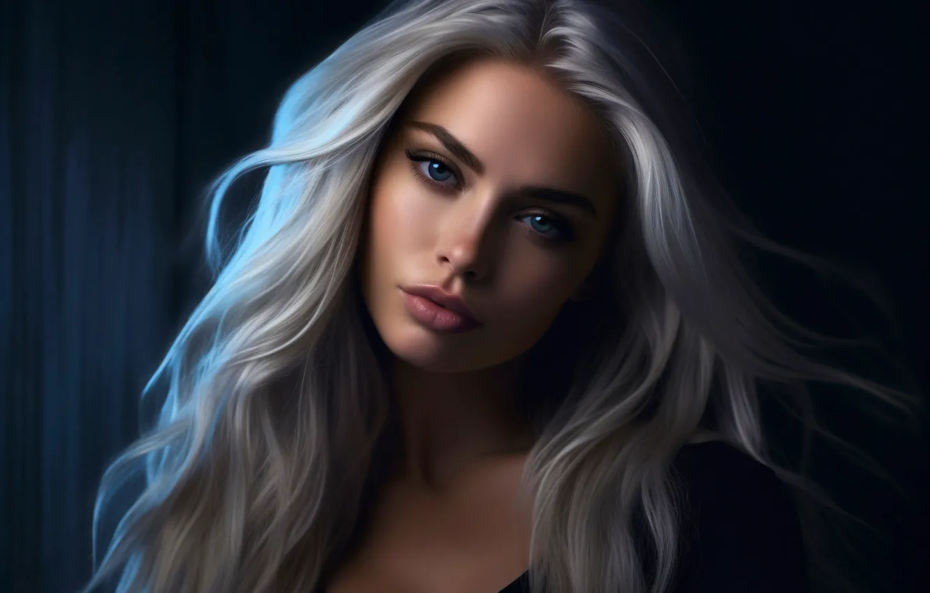 Photo wallpaper look, neon, blonde, blue eyes, long hair, blue eyes, Neon, Stable Diffusion