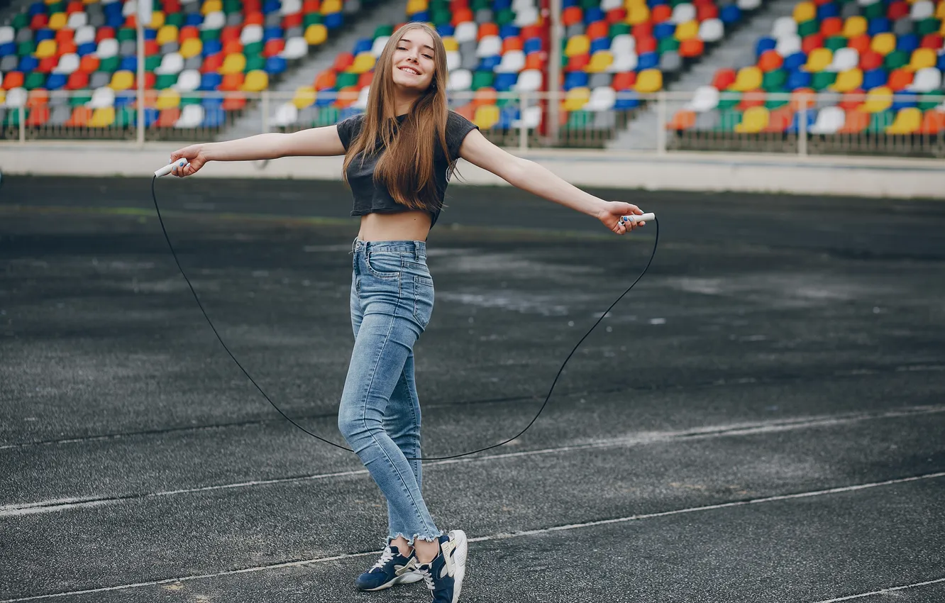 Photo wallpaper girl, sexy, woman, young, model, jeans, long-haired, sneakers