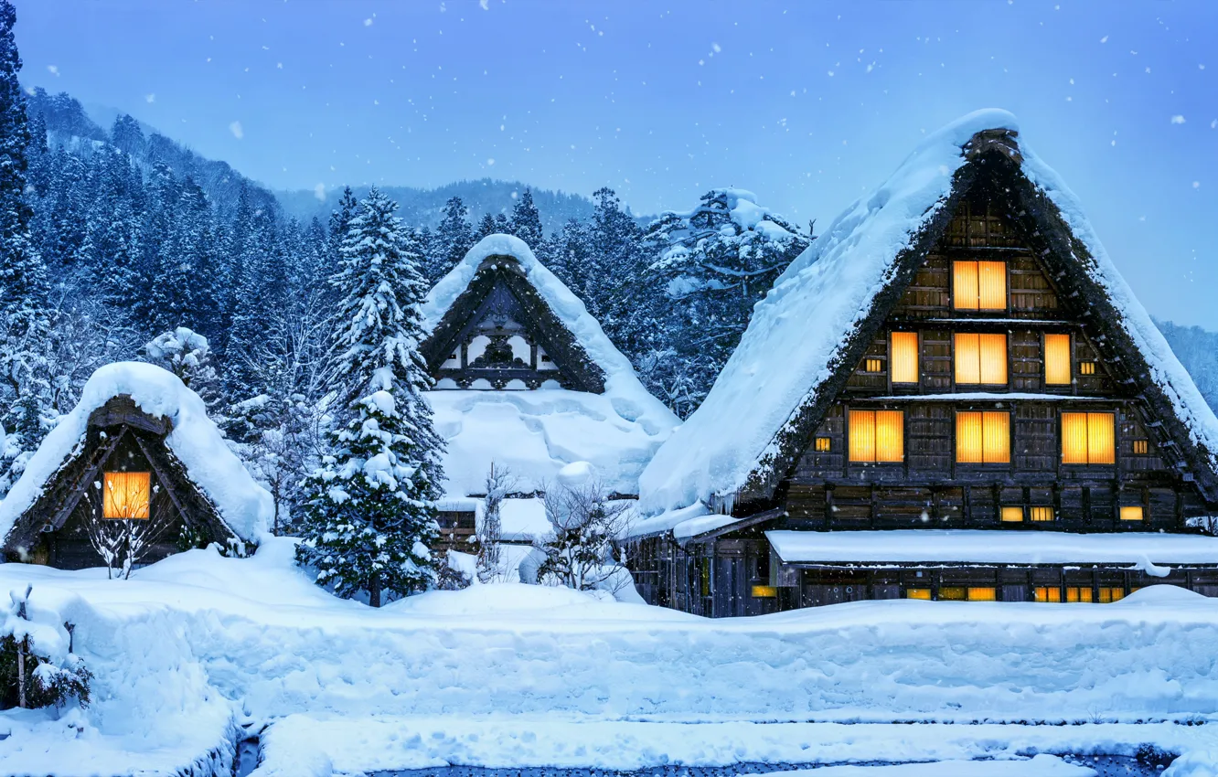 Photo wallpaper winter, forest, snow, trees, lake, house, hut, forest