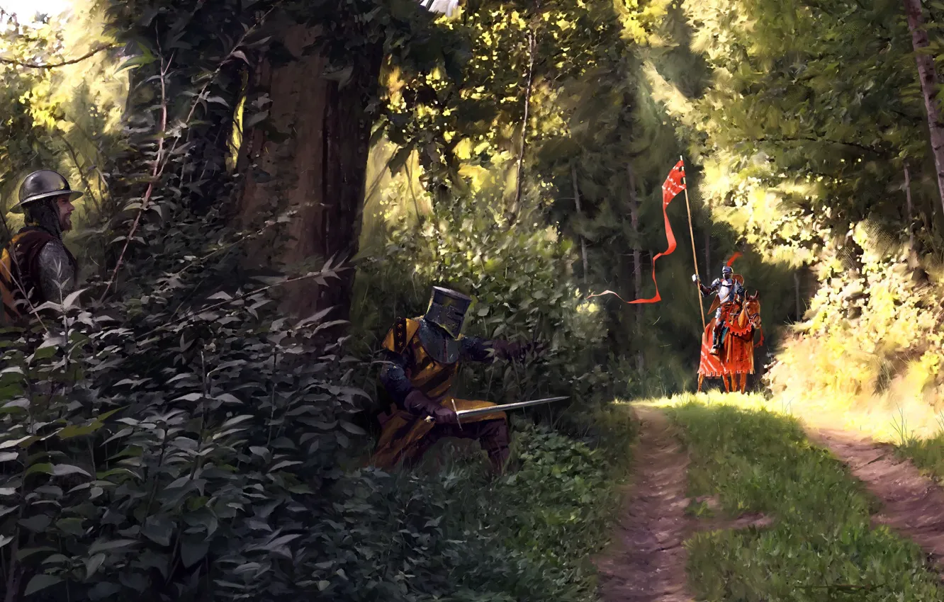 Photo wallpaper road, forest, weapons, warrior, ambush, ambush