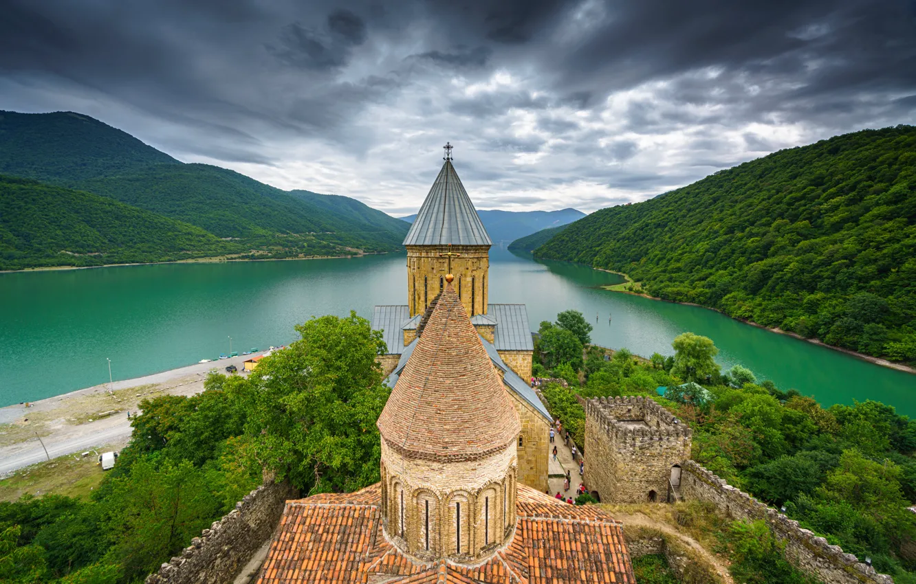 Photo wallpaper mountains, river, castle, fortress, Georgia, Georgia, Ananuri, The River Aragvi
