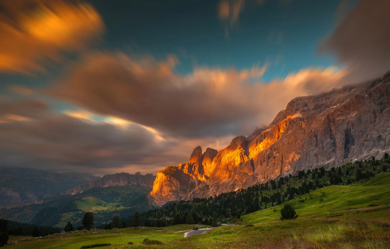 Photo wallpaper landscape, sunset, mountains, nature