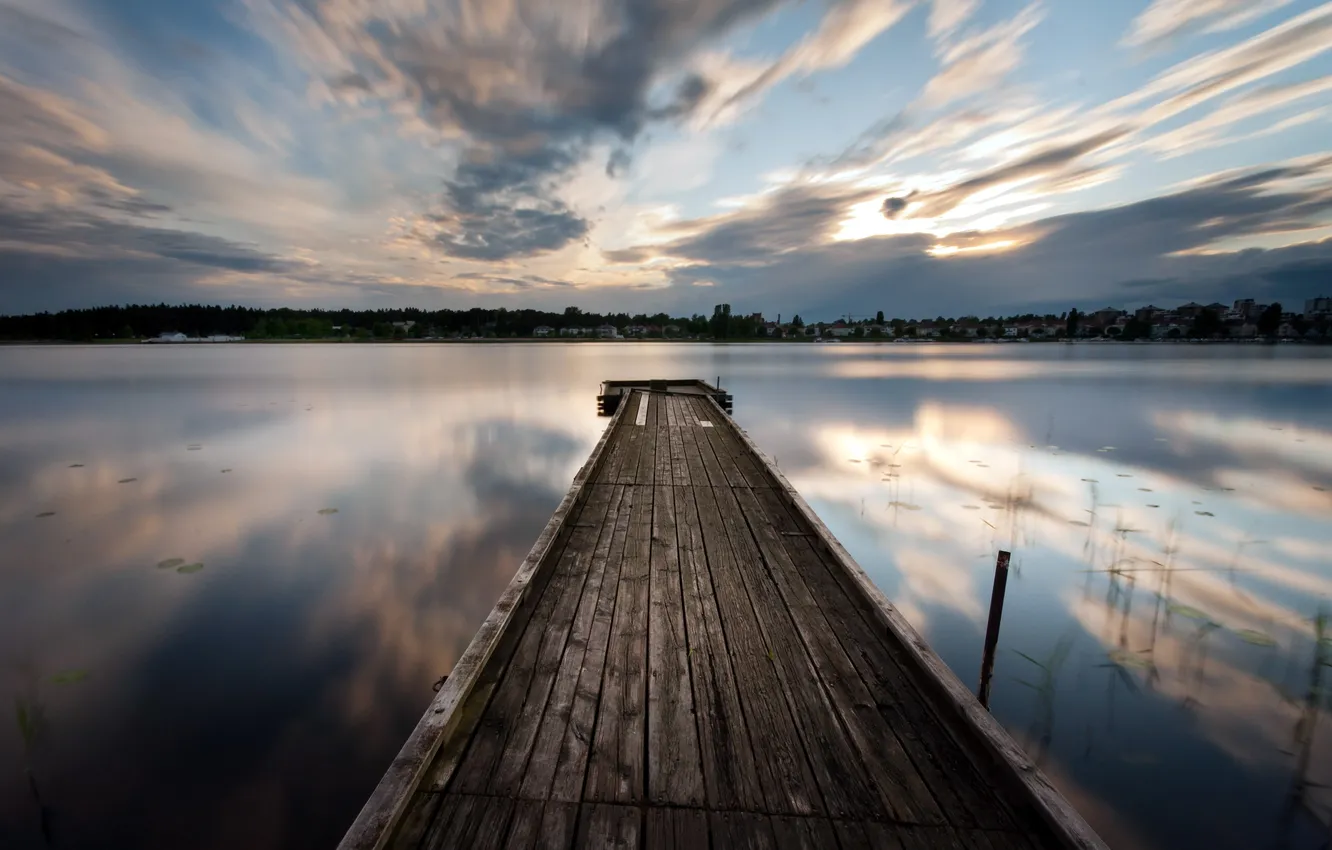 Photo wallpaper night, bridge, lake
