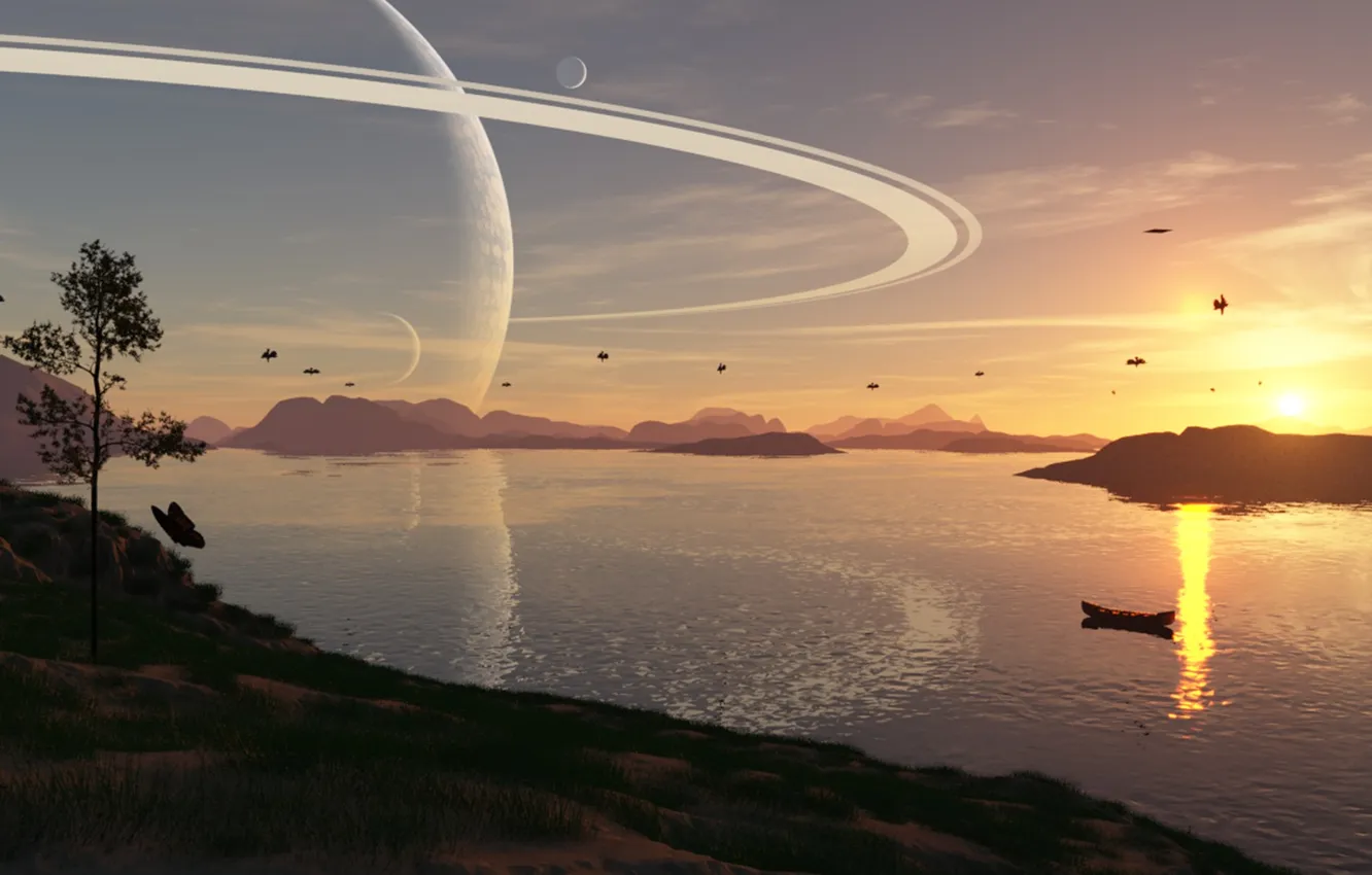 Photo wallpaper grass, water, trees, landscape, lake, bird, shore, boat