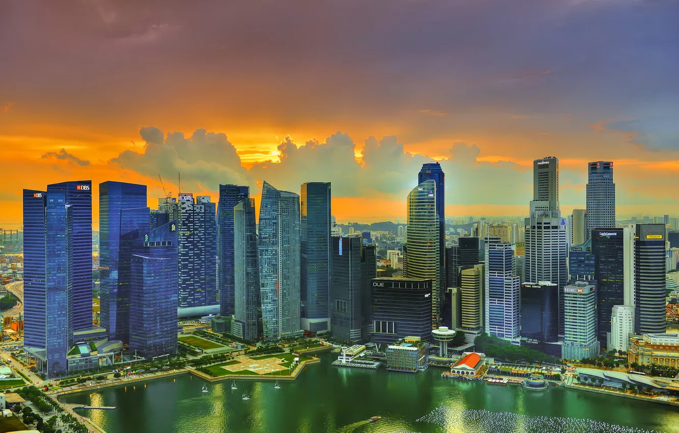 Photo wallpaper the sun, clouds, sunset, skyscrapers, Singapore