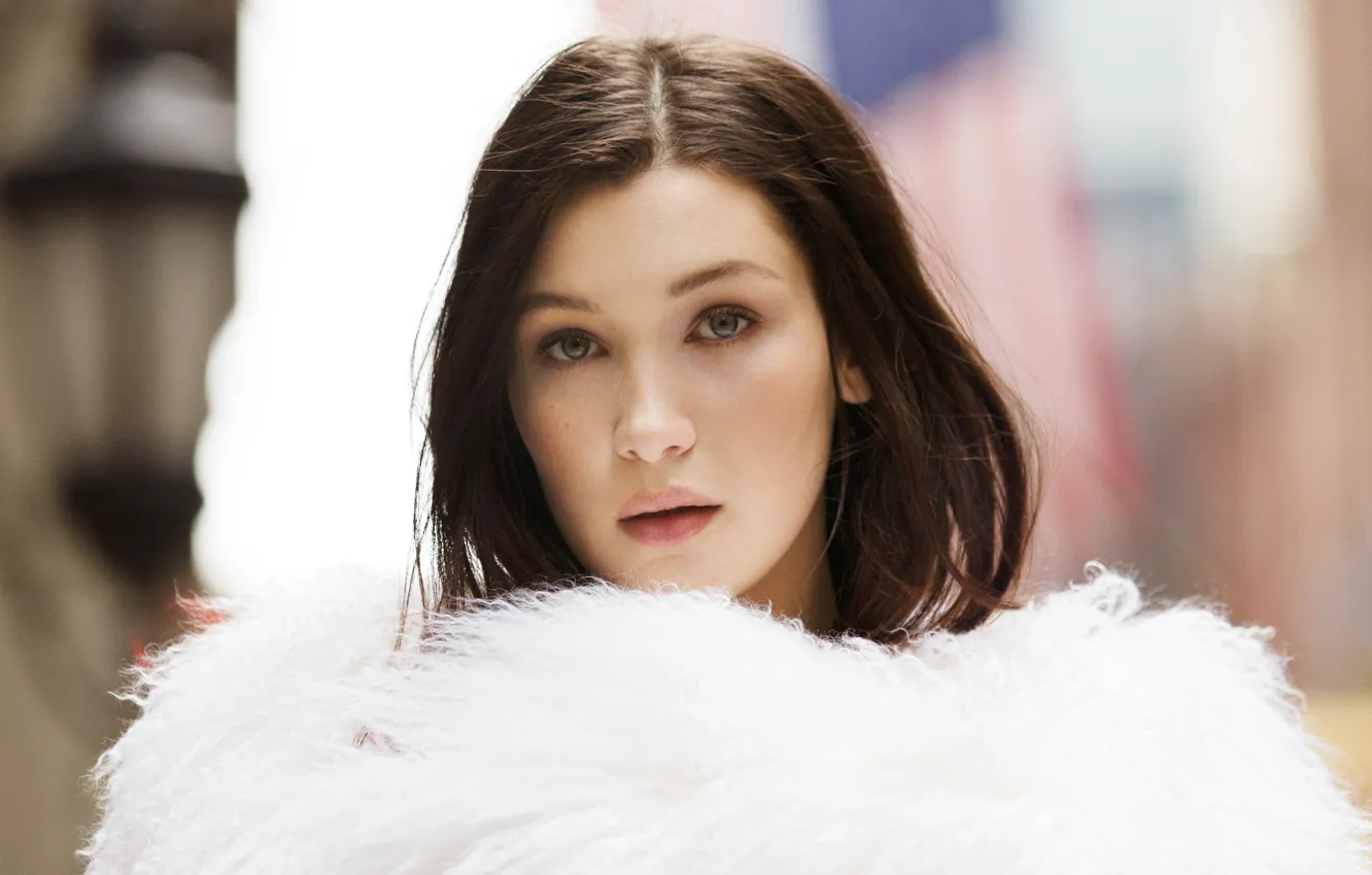 Photo wallpaper white, model, makeup, brunette, hairstyle, fur, bokeh, Evening Standard