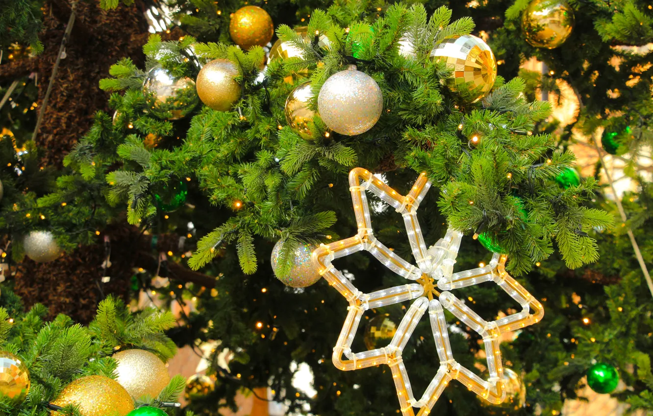 Photo wallpaper Christmas, Christmas tree, decorations, baubles