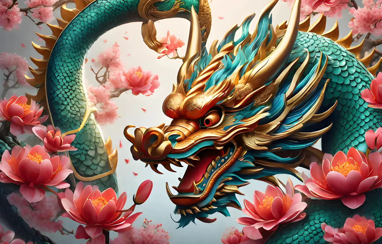 Photo wallpaper dragon, new year, colorful, golden, gold, symbol, Chinese, New Year