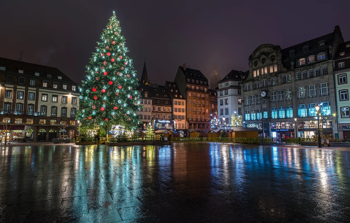 Photo wallpaper winter, night, holiday, France, tree, home, area, New year