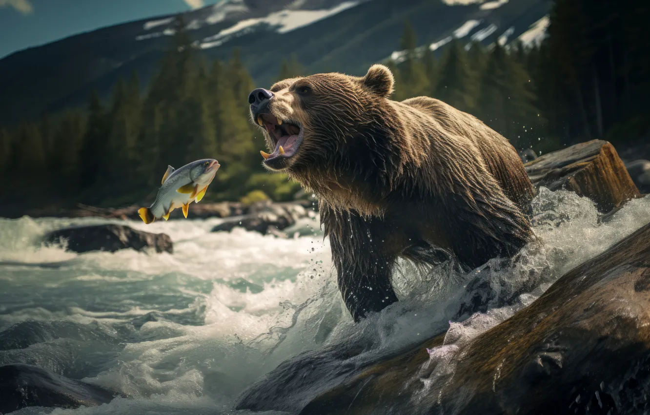 Photo wallpaper river, fishing, fish, bear, grizzly, neural network