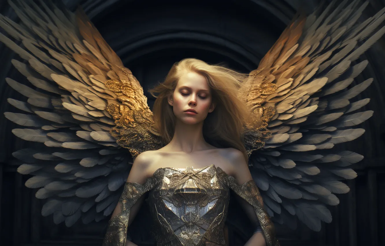 Photo wallpaper look, girl, wings, angel, dress, blonde, closed eyes, AI art