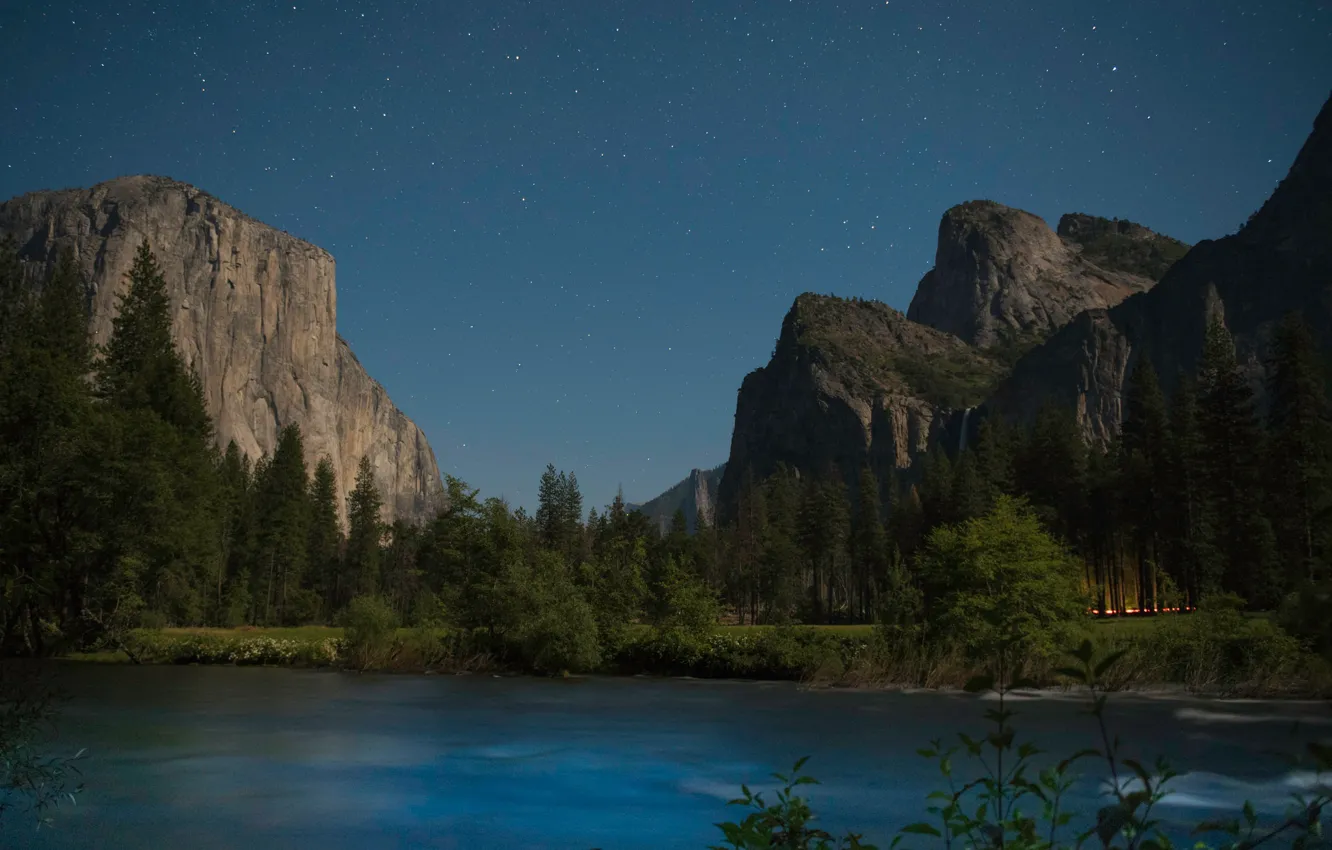 Photo wallpaper mountains, river, CA, California, Yosemite Valley, Yosemite National Park, Sierra Nevada, starry sky