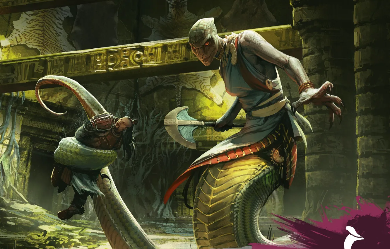 Photo wallpaper axe, snake, armor, man, fight, Yuan-ti